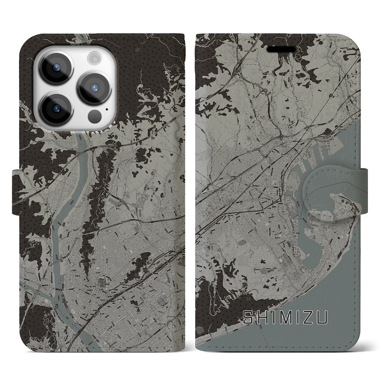 【清水(静岡県)】地図柄iPhoneケース(手帳タイプ)モノトーン・iPhone 14 Pro 用