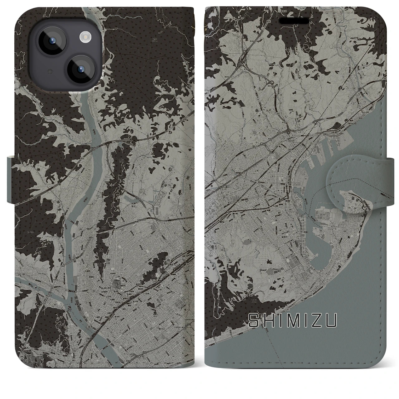 【清水(静岡県)】地図柄iPhoneケース(手帳タイプ)モノトーン・iPhone 14 Plus 用
