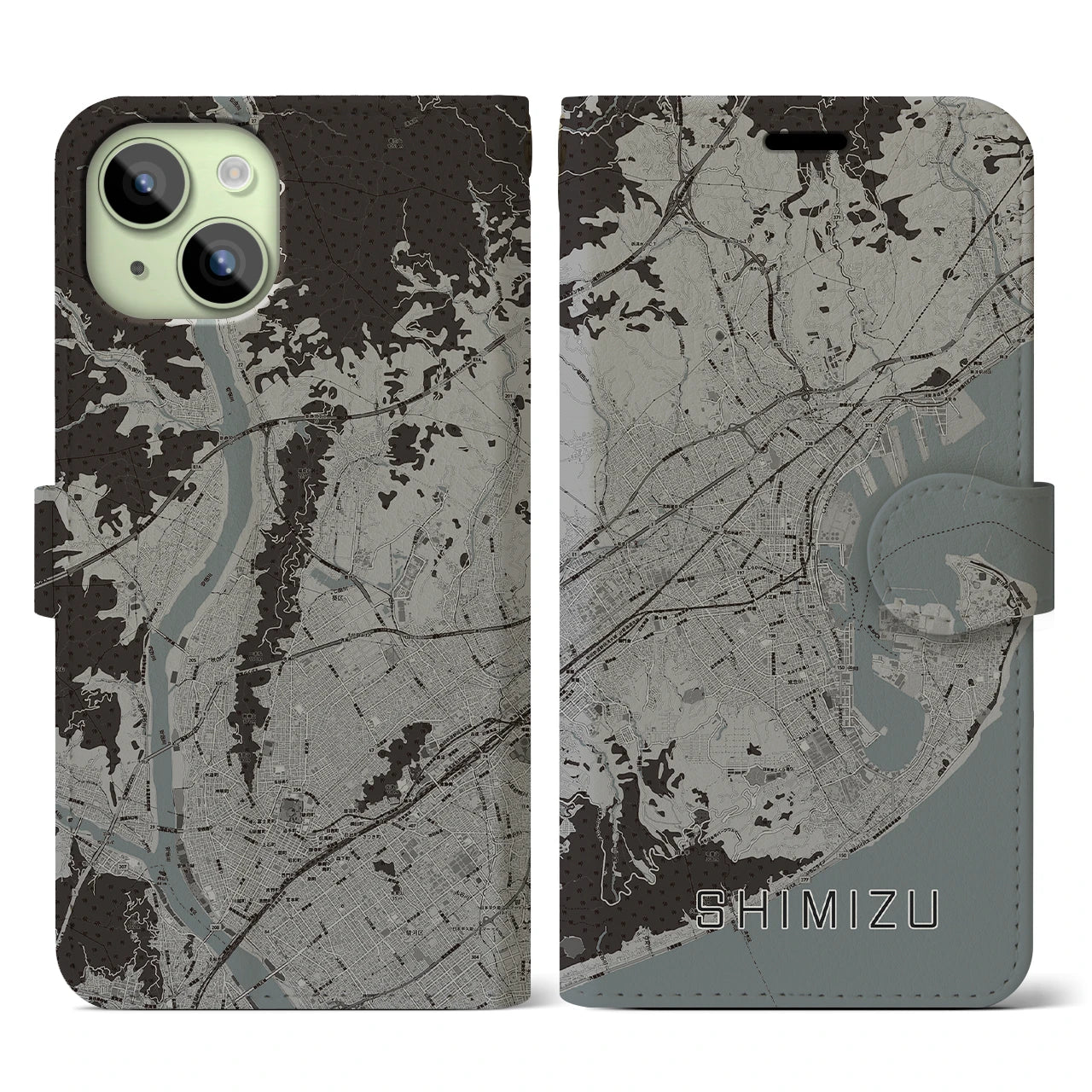 【清水(静岡県)】地図柄iPhoneケース(手帳タイプ)モノトーン・iPhone 15 用
