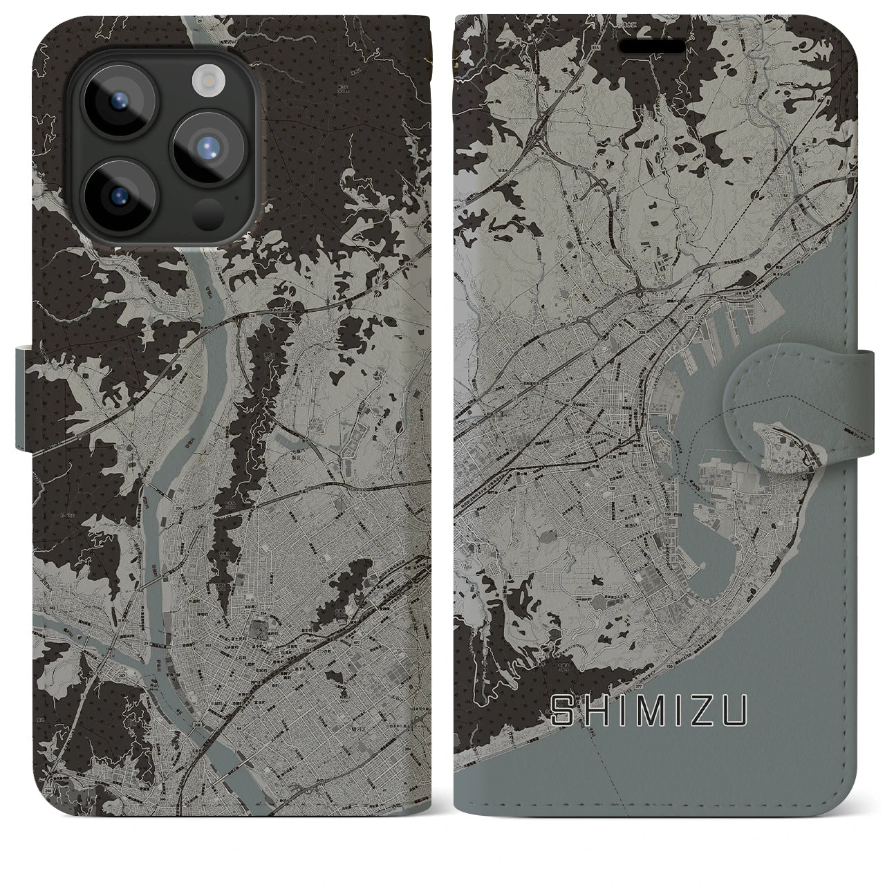 【清水(静岡県)】地図柄iPhoneケース(手帳タイプ)モノトーン・iPhone 15 Pro Max 用