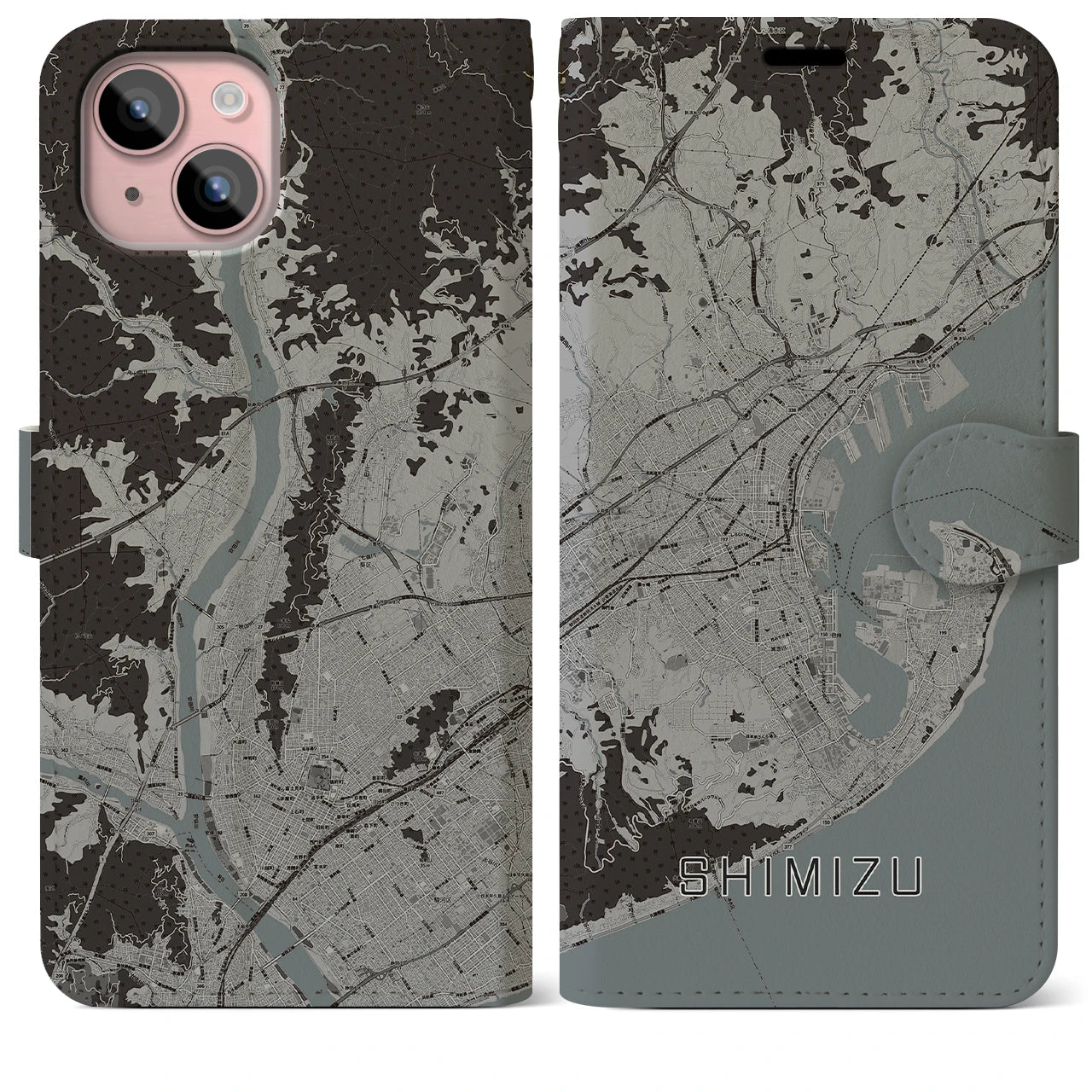 【清水(静岡県)】地図柄iPhoneケース(手帳タイプ)モノトーン・iPhone 15 Plus 用