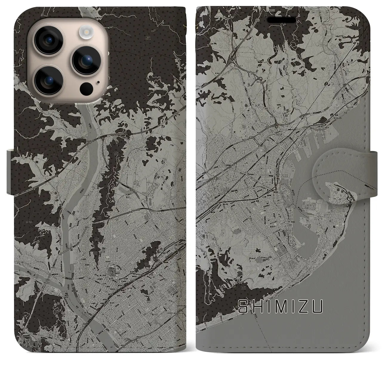 【清水(静岡県)】地図柄iPhoneケース(手帳タイプ)モノトーン・iPhone 16 Plus 用