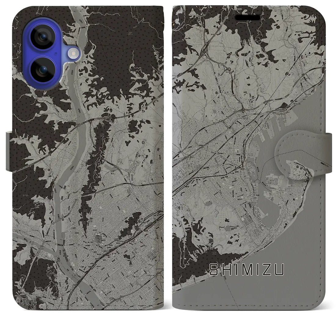 【清水(静岡県)】地図柄iPhoneケース(手帳タイプ)モノトーン・iPhone 16 Pro Max 用