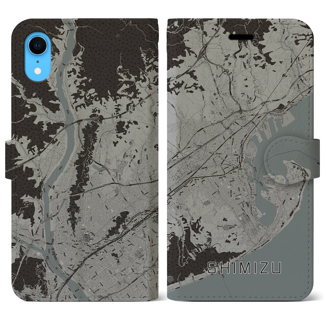 【清水(静岡県)】地図柄iPhoneケース(手帳タイプ)モノトーン・iPhone XR 用