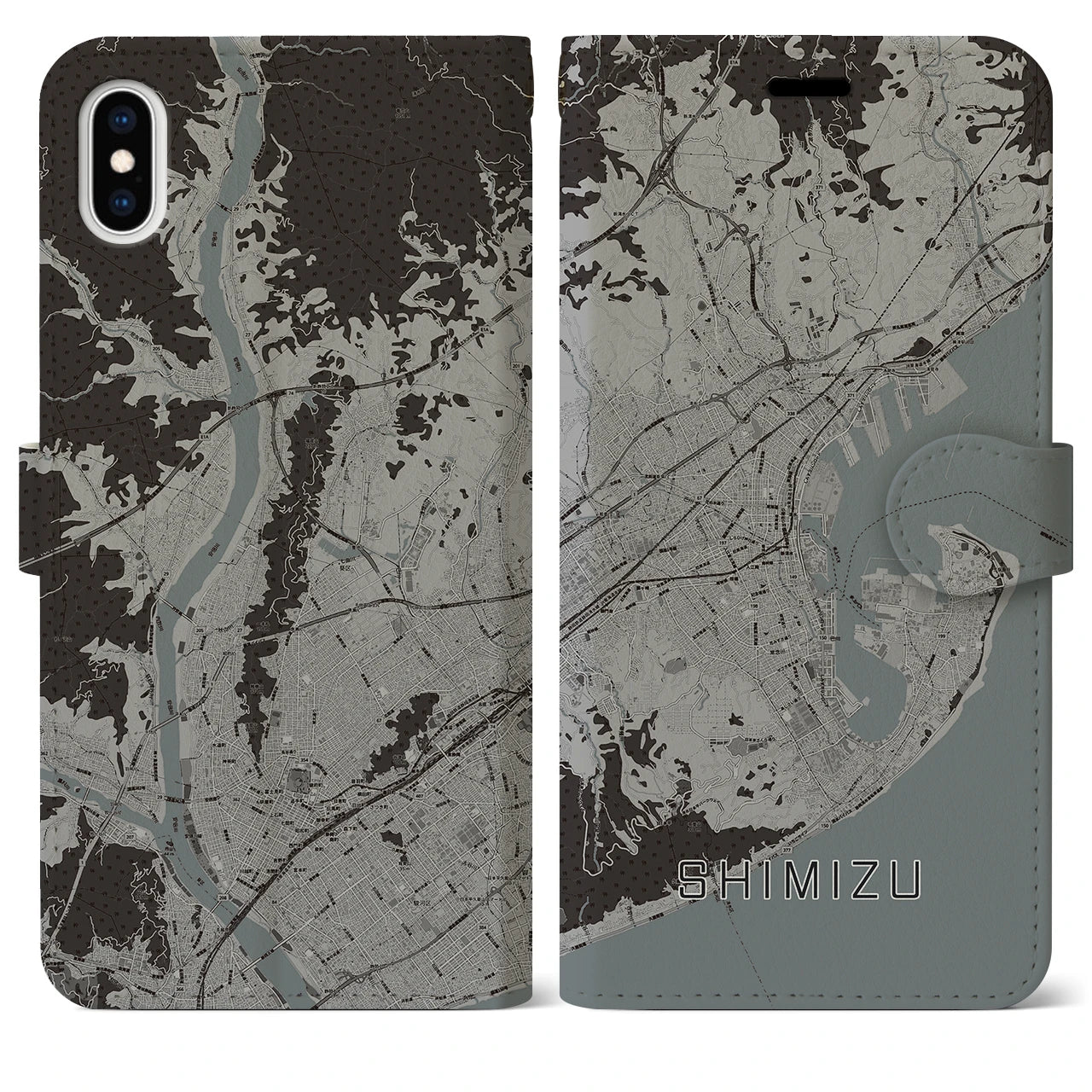 【清水(静岡県)】地図柄iPhoneケース(手帳タイプ)モノトーン・iPhone XS Max 用