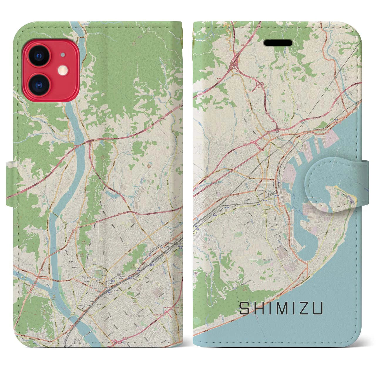 【清水(静岡県)】地図柄iPhoneケース(手帳タイプ)ナチュラル・iPhone 11 用