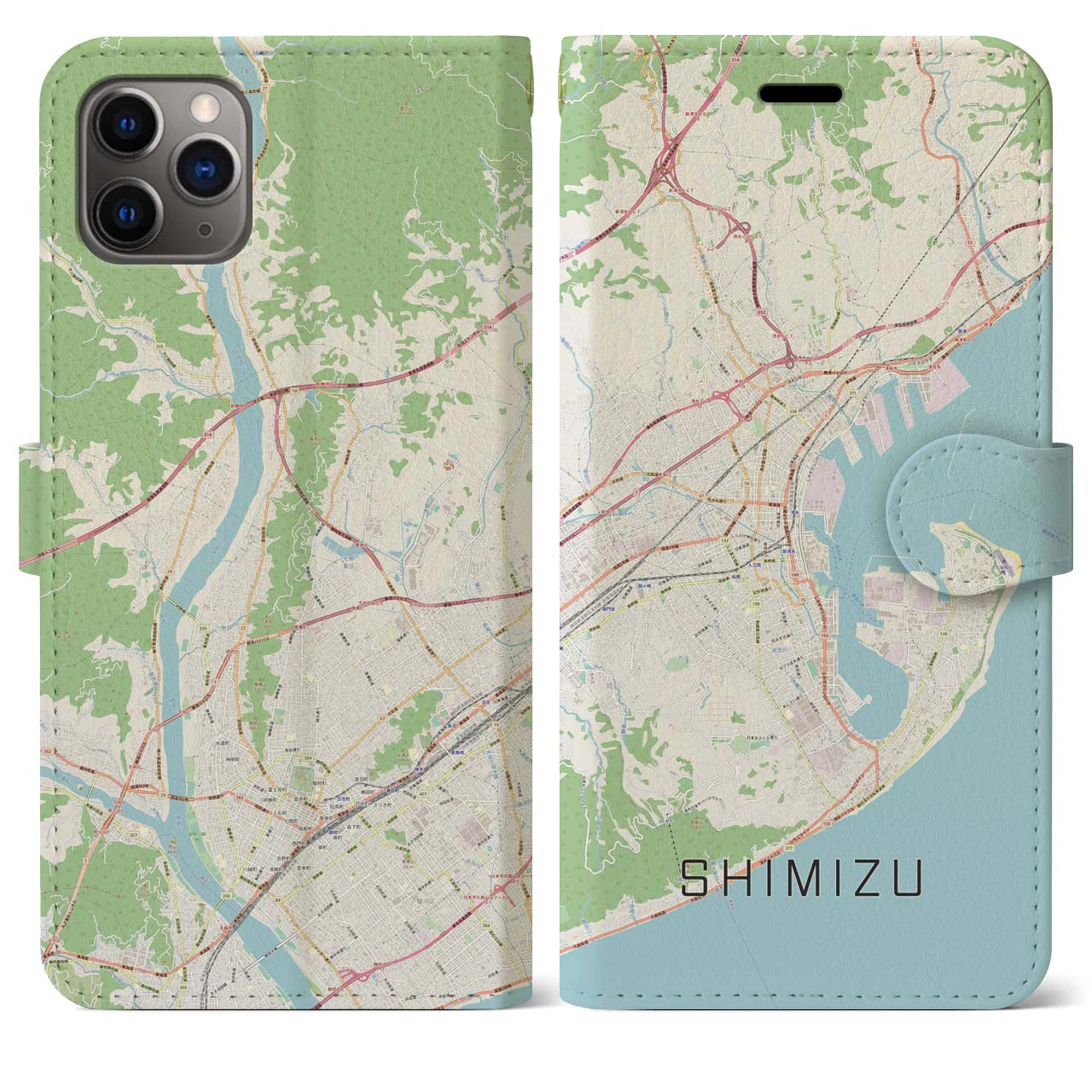 【清水(静岡県)】地図柄iPhoneケース(手帳タイプ)ナチュラル・iPhone 11 Pro Max 用