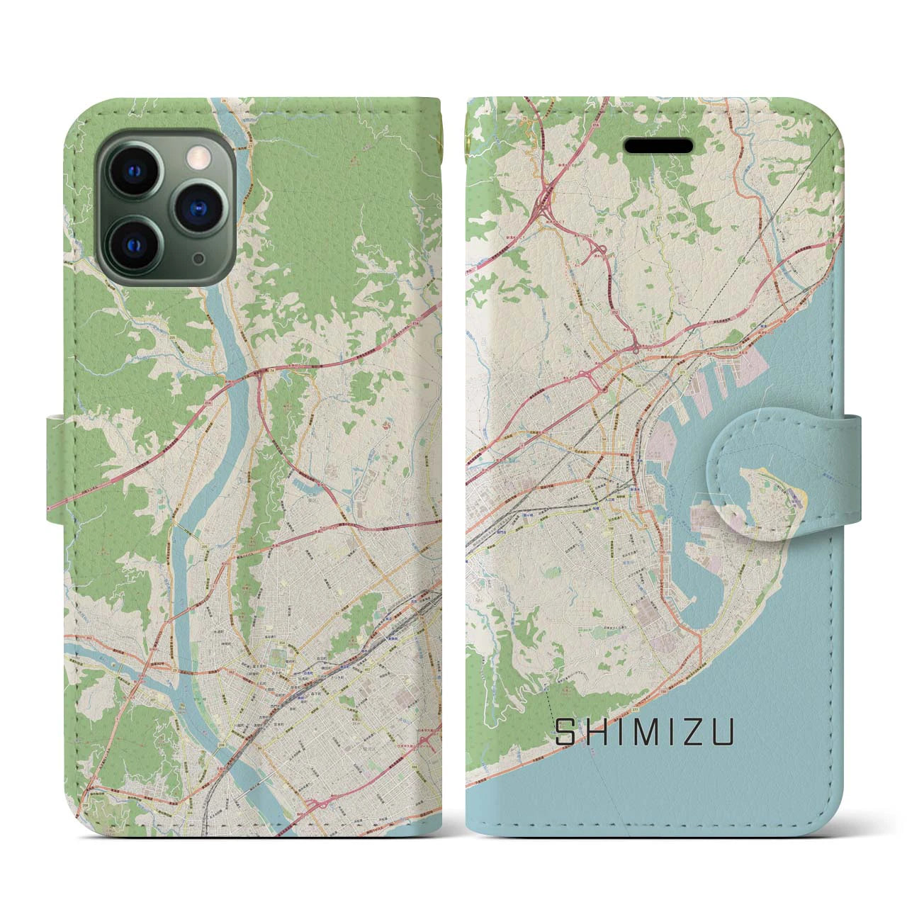 【清水(静岡県)】地図柄iPhoneケース(手帳タイプ)ナチュラル・iPhone 11 Pro 用