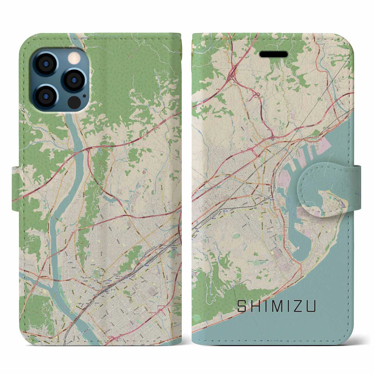 【清水(静岡県)】地図柄iPhoneケース(手帳タイプ)ナチュラル・iPhone 12 / 12 Pro 用