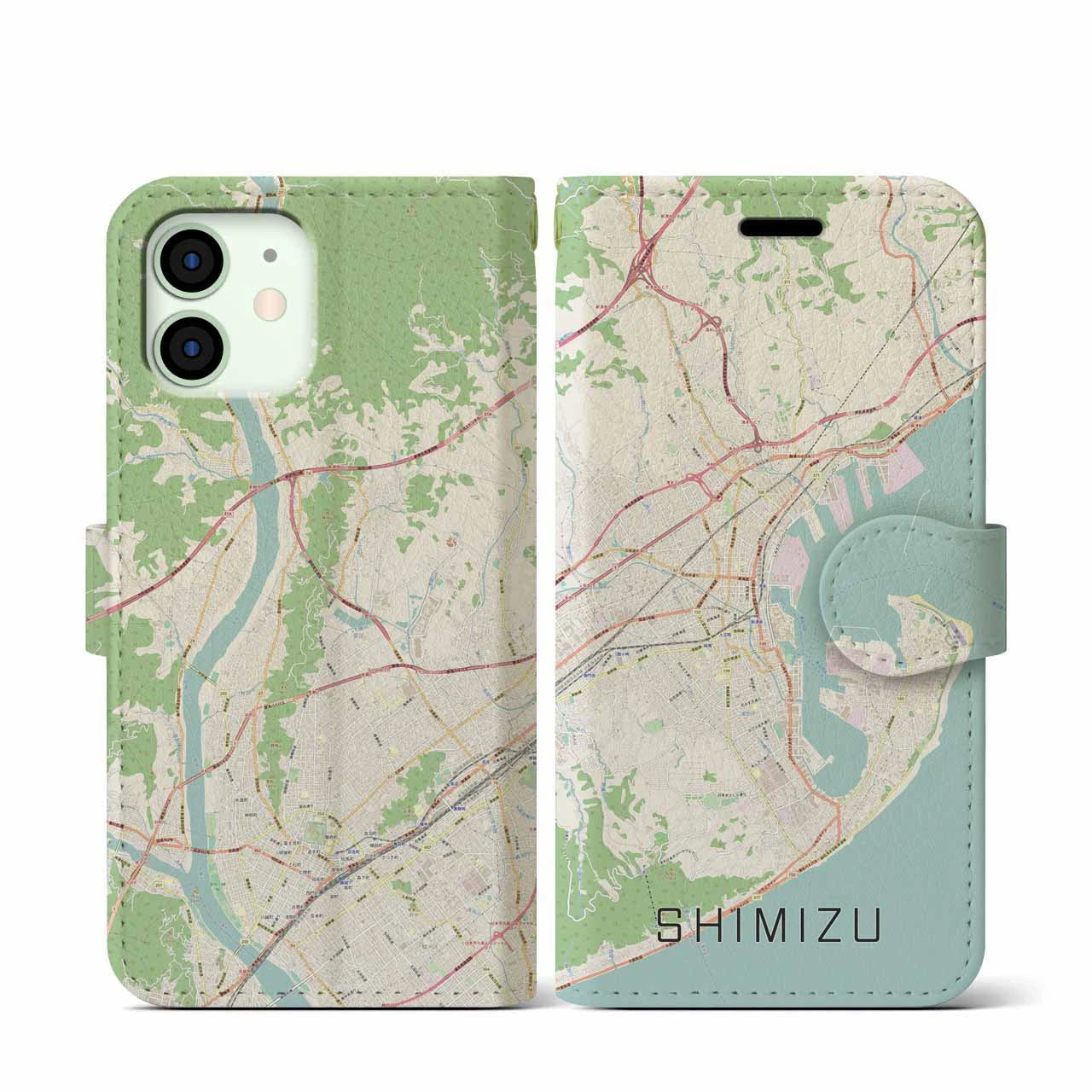 【清水(静岡県)】地図柄iPhoneケース(手帳タイプ)ナチュラル・iPhone 12 mini 用