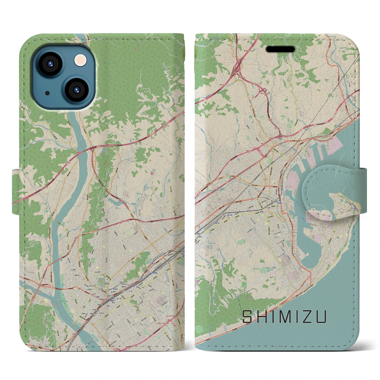【清水(静岡県)】地図柄iPhoneケース(手帳タイプ)ナチュラル・iPhone 13 用
