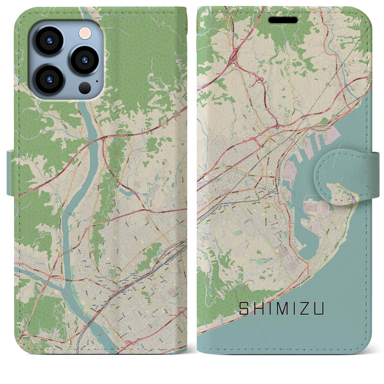 【清水(静岡県)】地図柄iPhoneケース(手帳タイプ)ナチュラル・iPhone 13 Pro Max 用