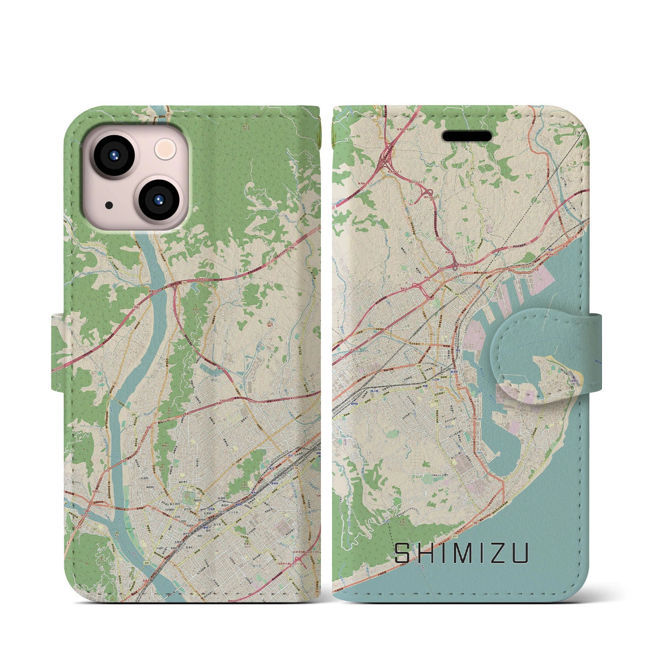 【清水(静岡県)】地図柄iPhoneケース(手帳タイプ)ナチュラル・iPhone 13 mini 用