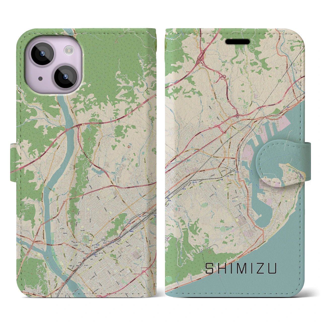 【清水(静岡県)】地図柄iPhoneケース(手帳タイプ)ナチュラル・iPhone 14 用