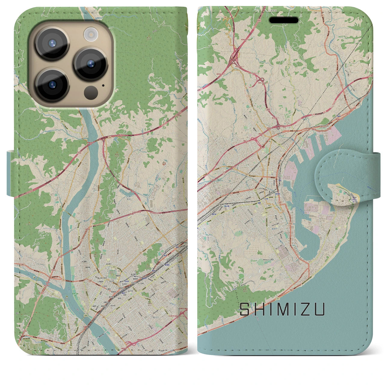 【清水(静岡県)】地図柄iPhoneケース(手帳タイプ)ナチュラル・iPhone 14 Pro Max 用