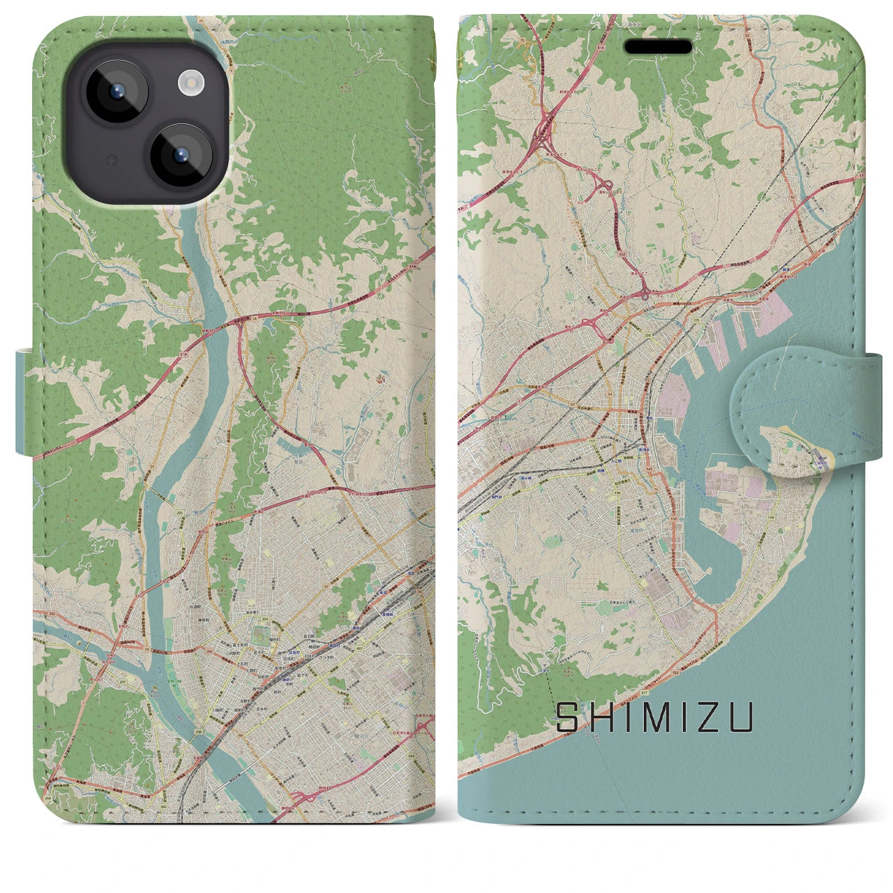 【清水(静岡県)】地図柄iPhoneケース(手帳タイプ)ナチュラル・iPhone 14 Plus 用