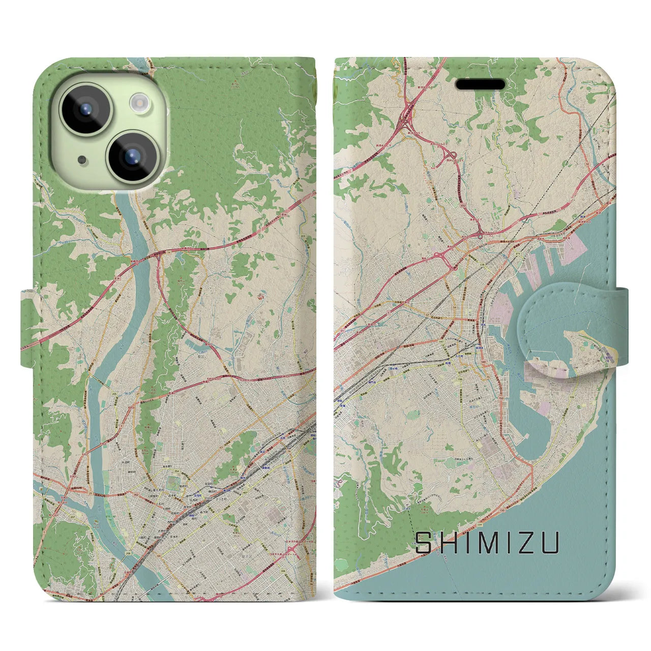 【清水(静岡県)】地図柄iPhoneケース(手帳タイプ)ナチュラル・iPhone 15 用