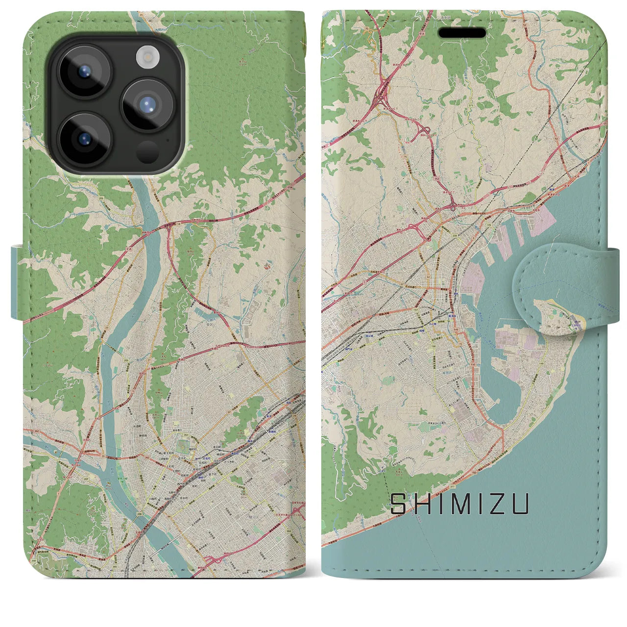 【清水(静岡県)】地図柄iPhoneケース(手帳タイプ)ナチュラル・iPhone 15 Pro Max 用