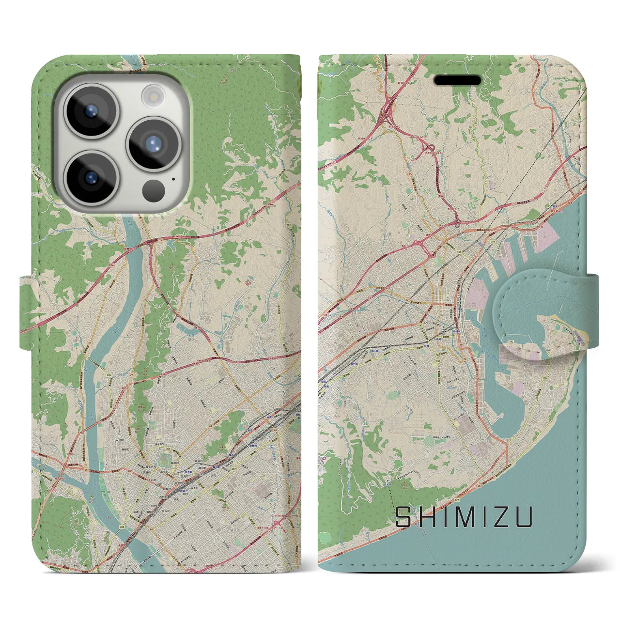 【清水(静岡県)】地図柄iPhoneケース(手帳タイプ)ナチュラル・iPhone 15 Pro 用