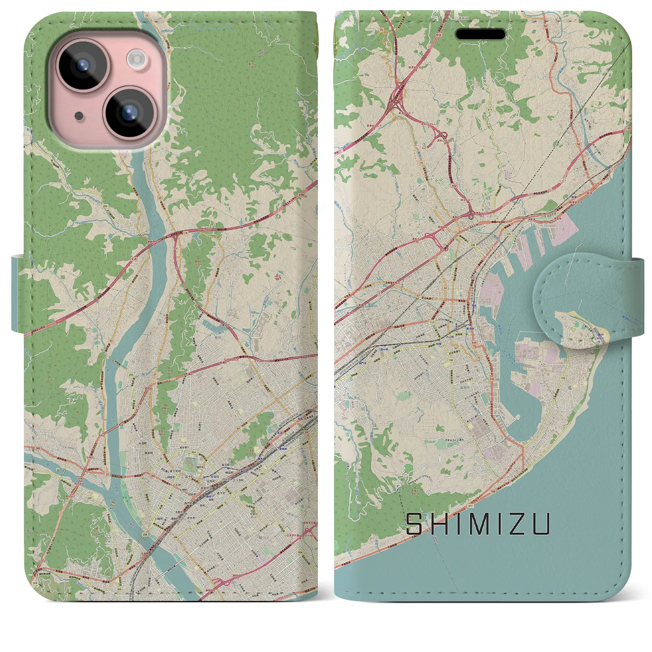【清水(静岡県)】地図柄iPhoneケース(手帳タイプ)ナチュラル・iPhone 15 Plus 用