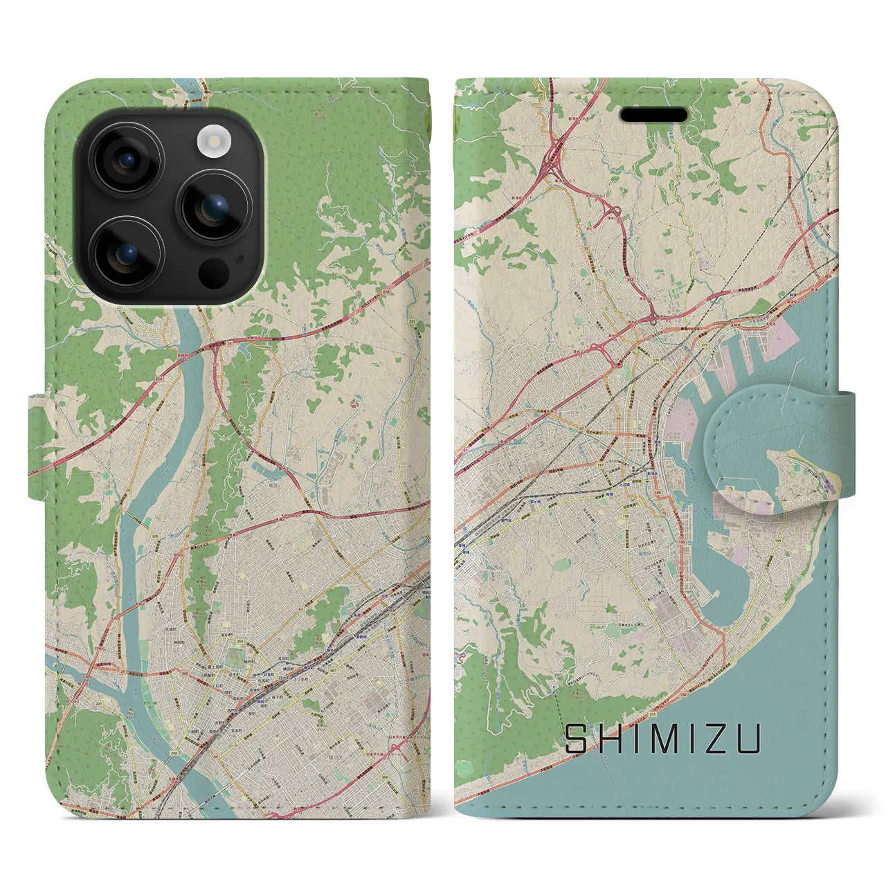 【清水(静岡県)】地図柄iPhoneケース(手帳タイプ)ナチュラル・iPhone 16 用