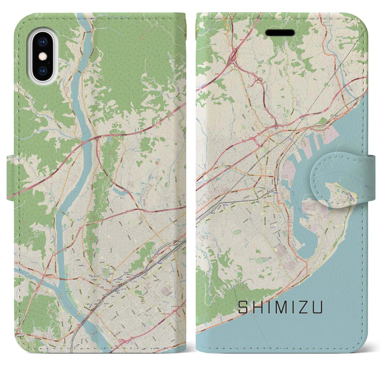 【清水(静岡県)】地図柄iPhoneケース(手帳タイプ)ナチュラル・iPhone XS Max 用