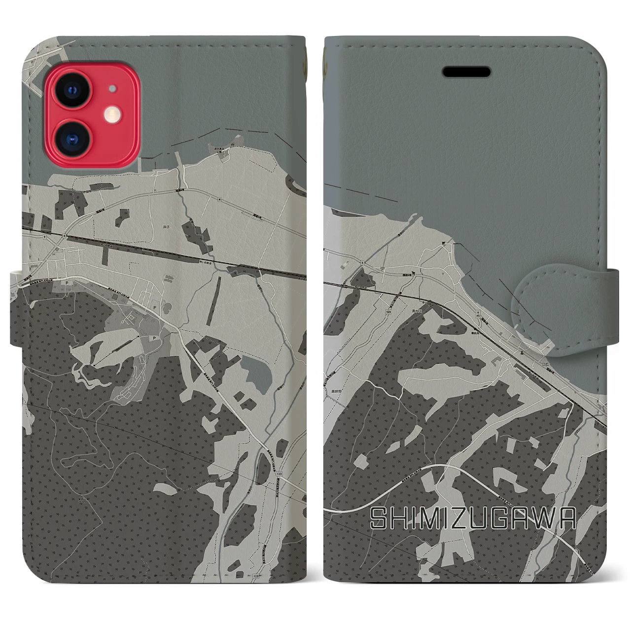 【清水川(青森県)】地図柄iPhoneケース(手帳タイプ)モノトーン・iPhone 11 用