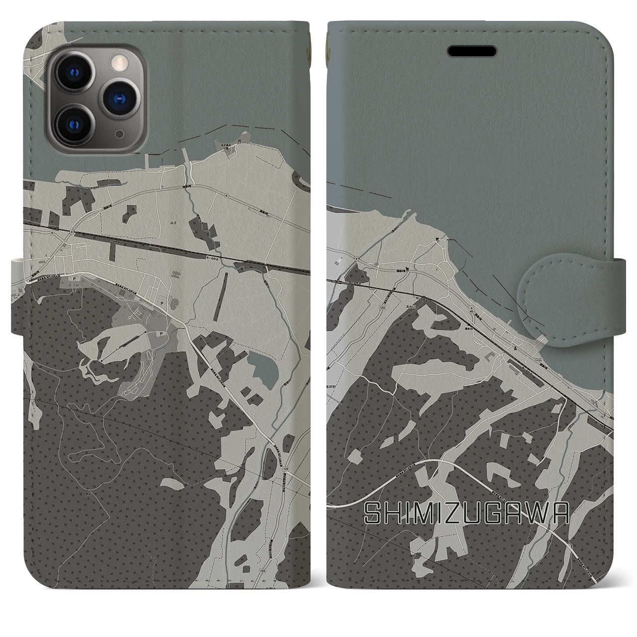 【清水川(青森県)】地図柄iPhoneケース(手帳タイプ)モノトーン・iPhone 11 Pro Max 用