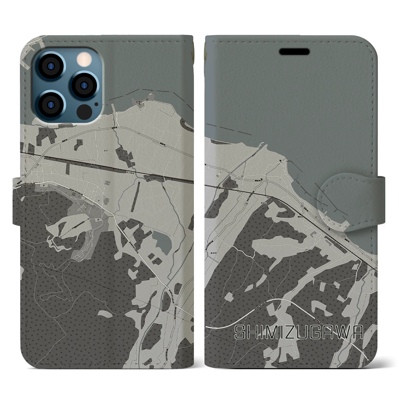 【清水川(青森県)】地図柄iPhoneケース(手帳タイプ)モノトーン・iPhone 12 / 12 Pro 用