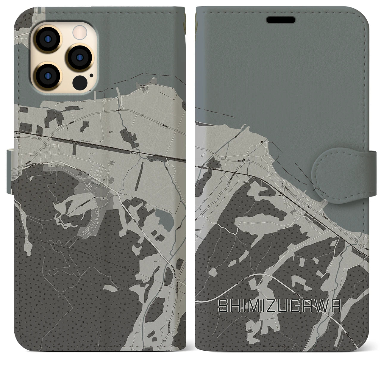 【清水川(青森県)】地図柄iPhoneケース(手帳タイプ)モノトーン・iPhone 12 Pro Max 用