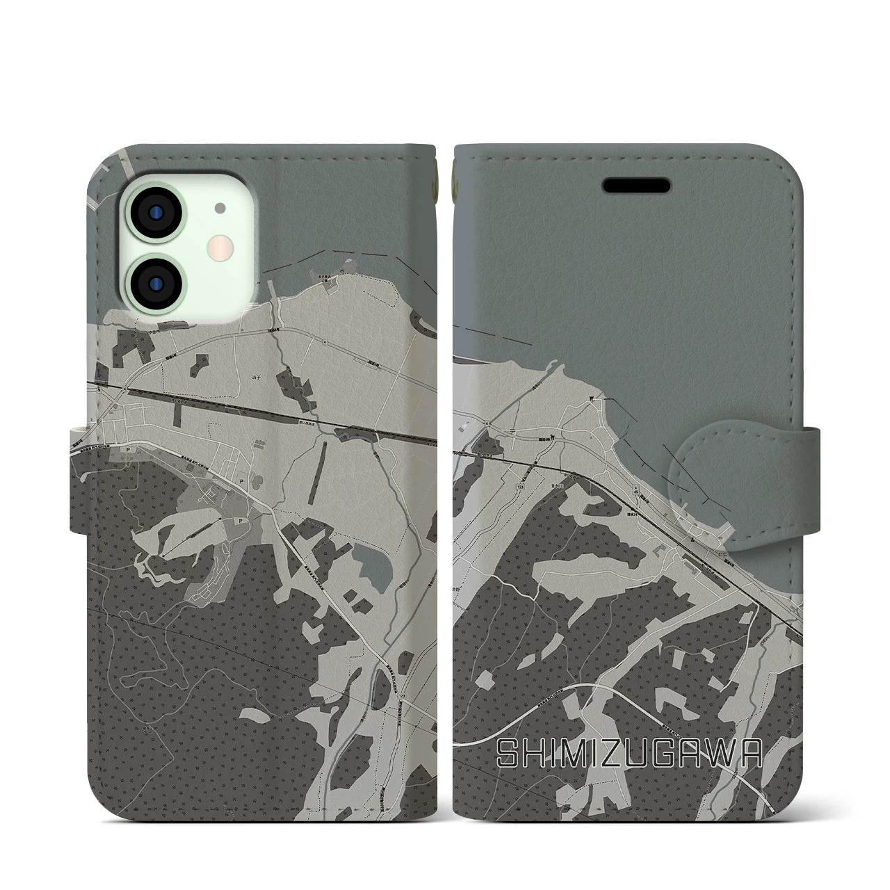 【清水川(青森県)】地図柄iPhoneケース(手帳タイプ)モノトーン・iPhone 12 mini 用