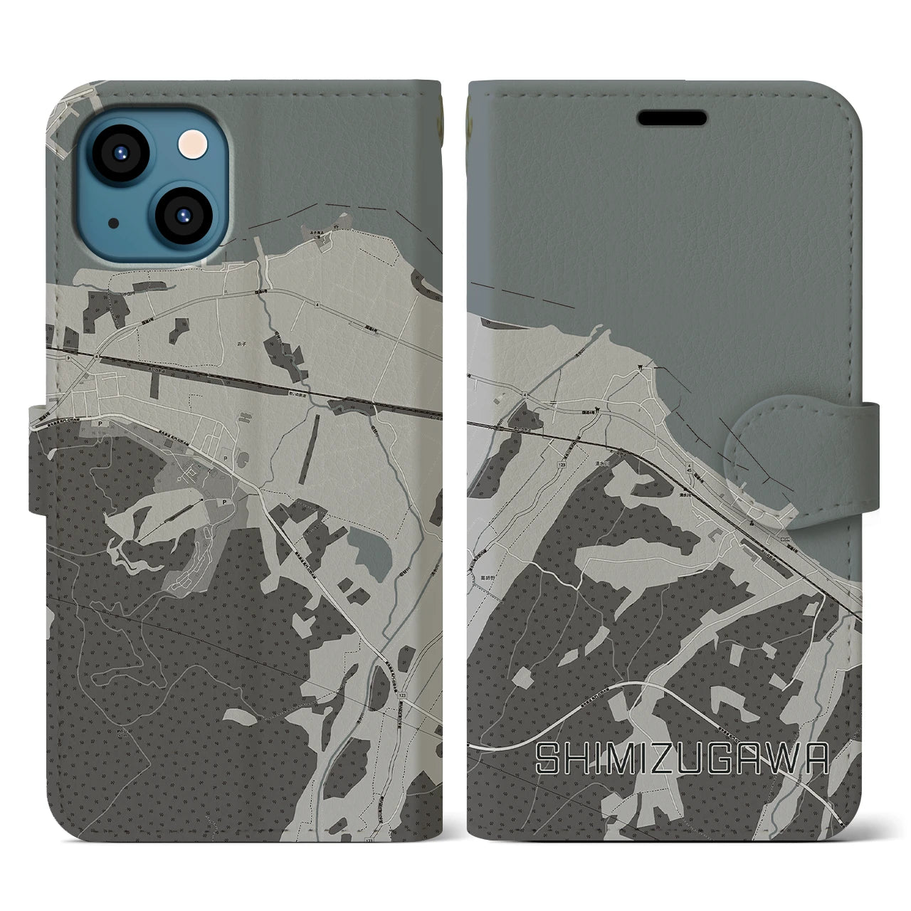 【清水川(青森県)】地図柄iPhoneケース(手帳タイプ)モノトーン・iPhone 13 用