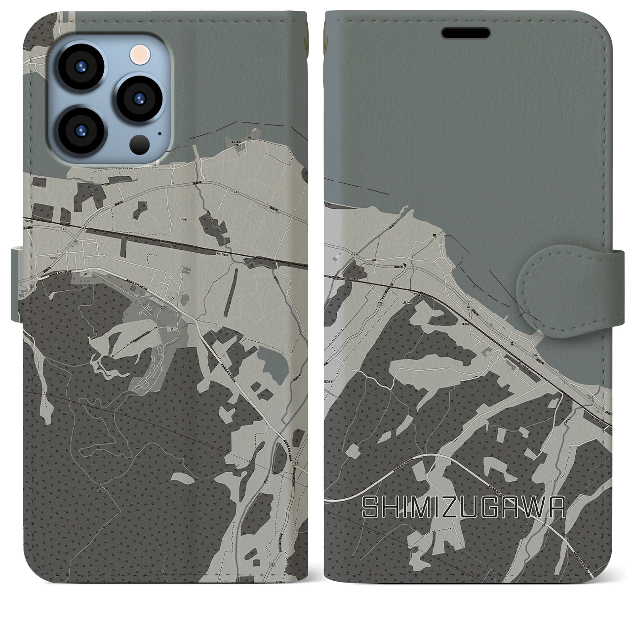 【清水川(青森県)】地図柄iPhoneケース(手帳タイプ)モノトーン・iPhone 13 Pro Max 用