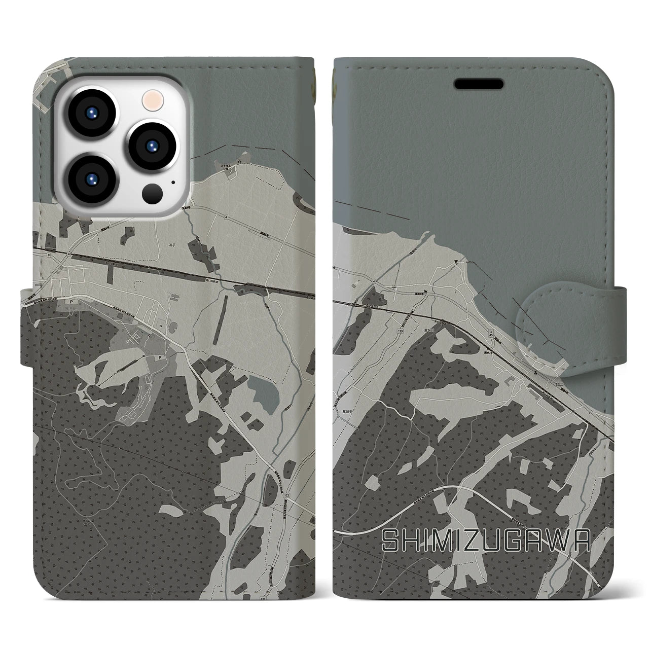 【清水川(青森県)】地図柄iPhoneケース(手帳タイプ)モノトーン・iPhone 13 Pro 用