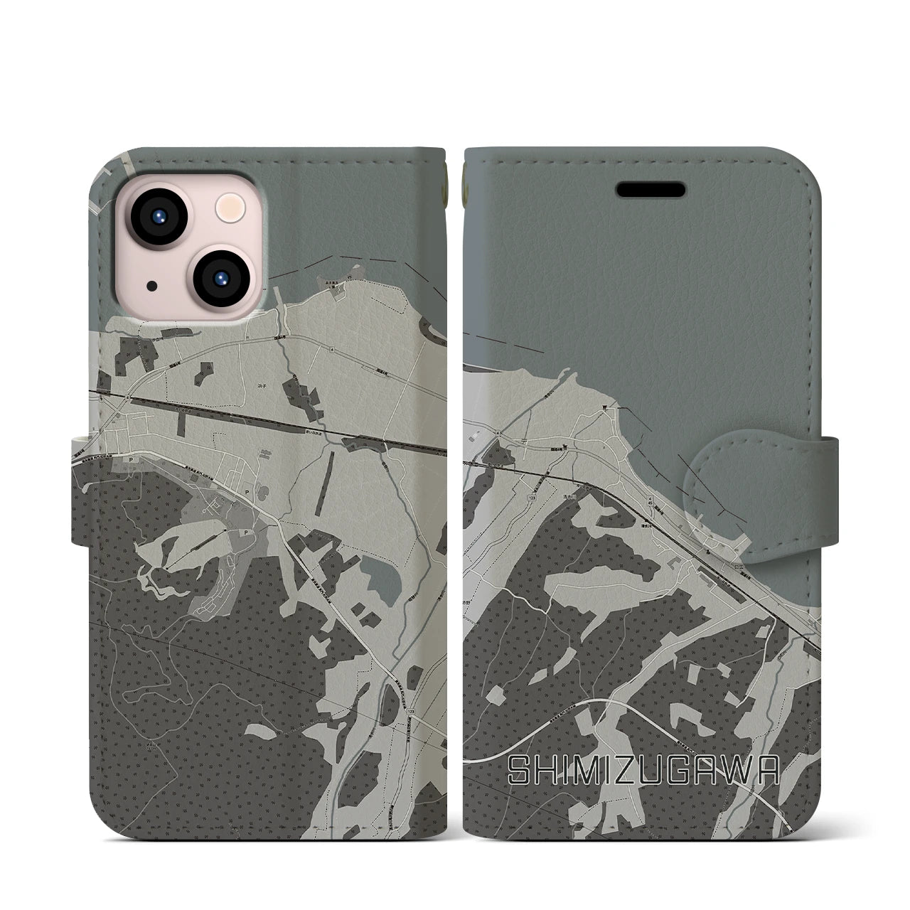 【清水川(青森県)】地図柄iPhoneケース(手帳タイプ)モノトーン・iPhone 13 mini 用