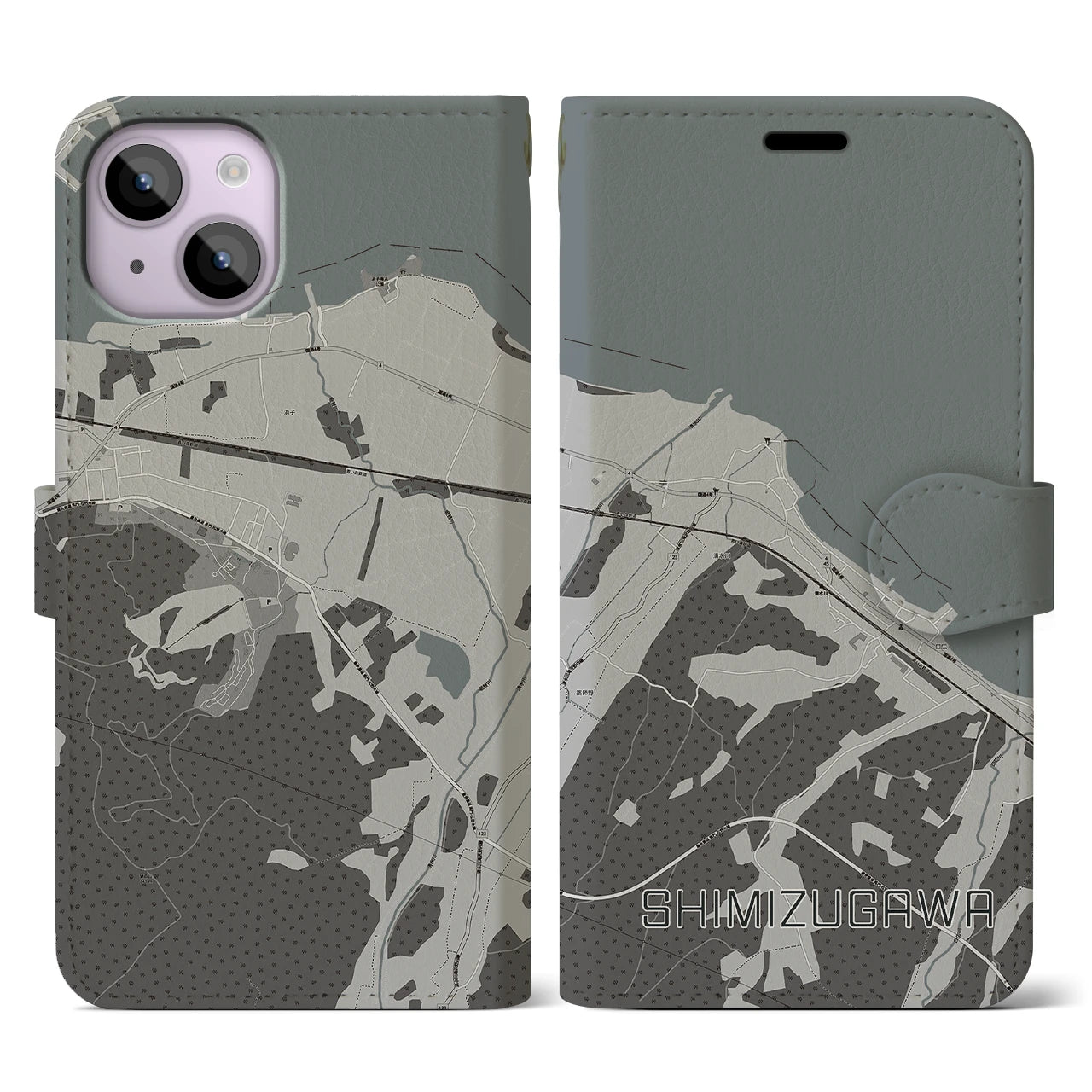 【清水川(青森県)】地図柄iPhoneケース(手帳タイプ)モノトーン・iPhone 14 用