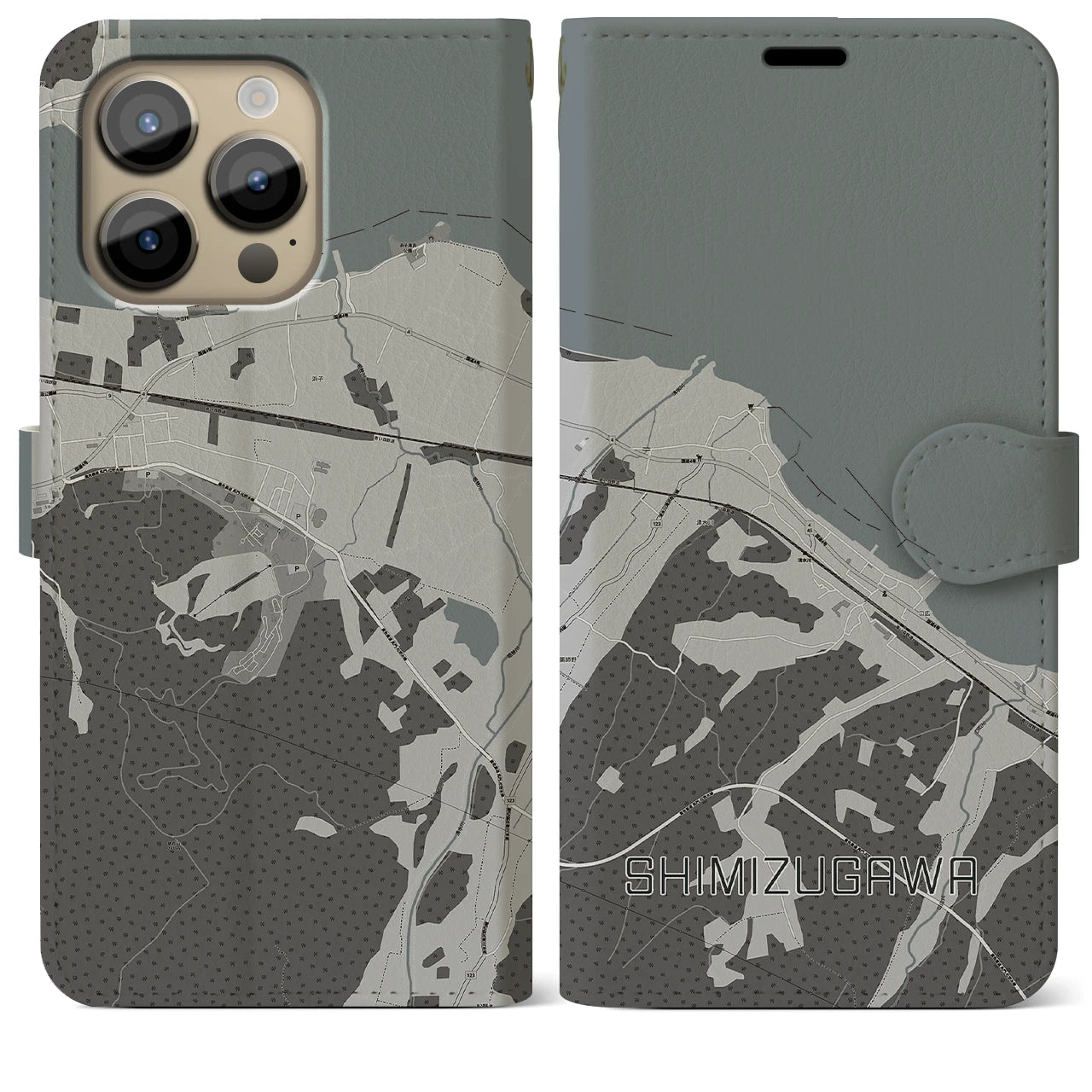【清水川(青森県)】地図柄iPhoneケース(手帳タイプ)モノトーン・iPhone 14 Pro Max 用