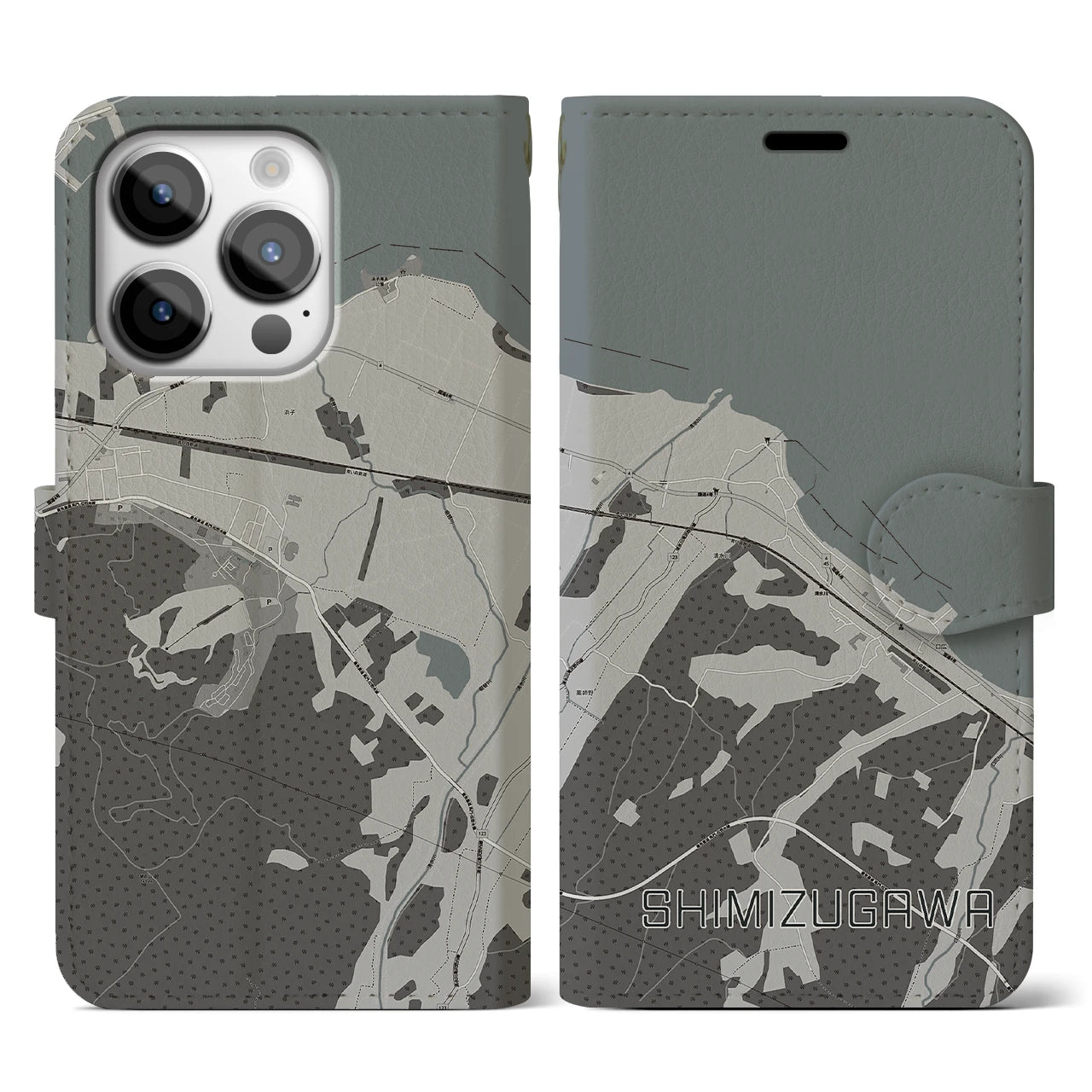 【清水川(青森県)】地図柄iPhoneケース(手帳タイプ)モノトーン・iPhone 14 Pro 用