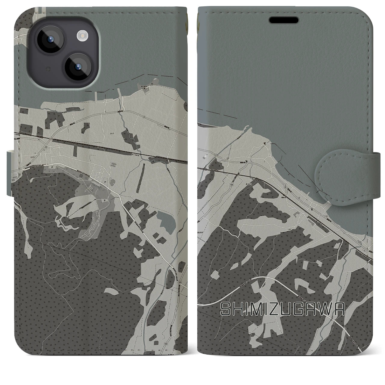 【清水川(青森県)】地図柄iPhoneケース(手帳タイプ)モノトーン・iPhone 14 Plus 用