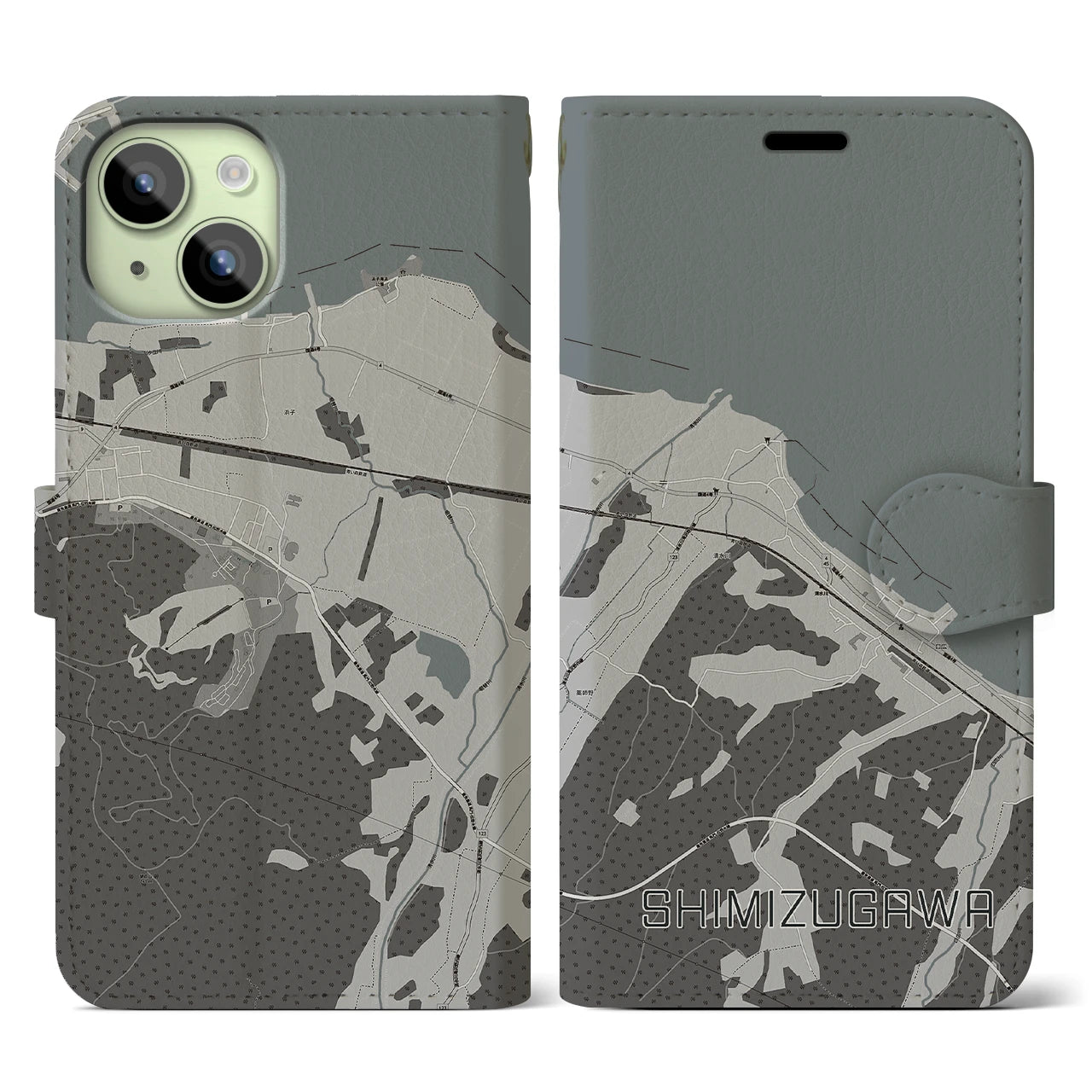 【清水川(青森県)】地図柄iPhoneケース(手帳タイプ)モノトーン・iPhone 15 用