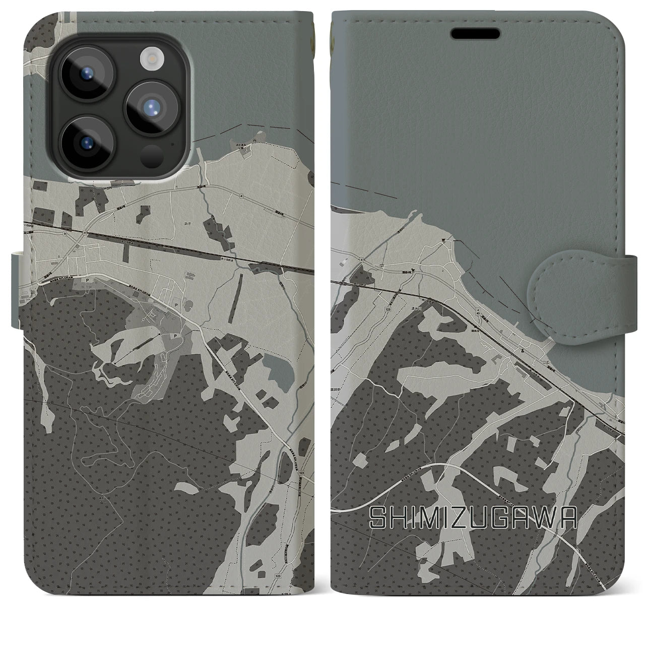 【清水川(青森県)】地図柄iPhoneケース(手帳タイプ)モノトーン・iPhone 15 Pro Max 用