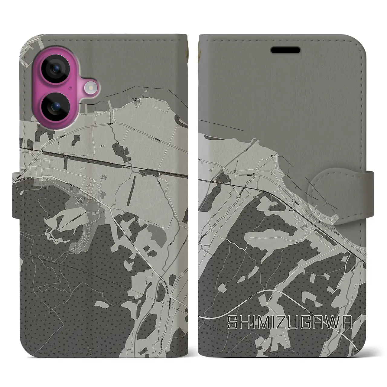 【清水川(青森県)】地図柄iPhoneケース(手帳タイプ)モノトーン・iPhone 16 Pro 用