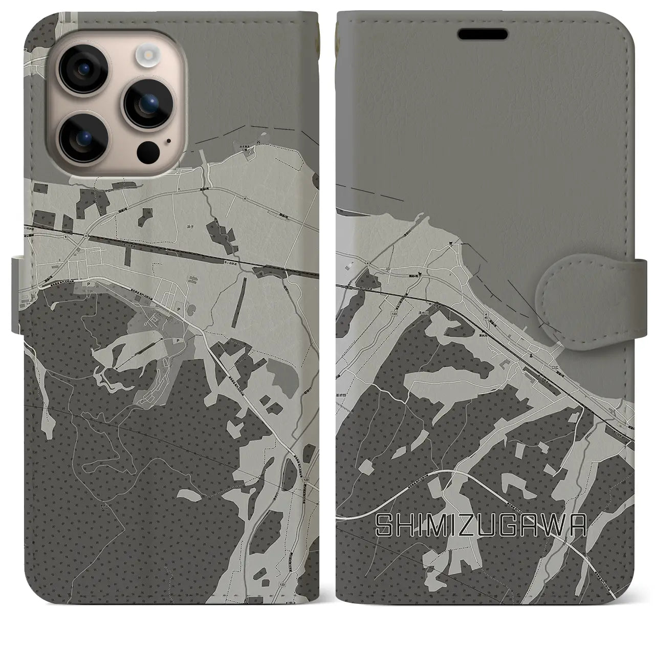 【清水川(青森県)】地図柄iPhoneケース(手帳タイプ)モノトーン・iPhone 16 Plus 用