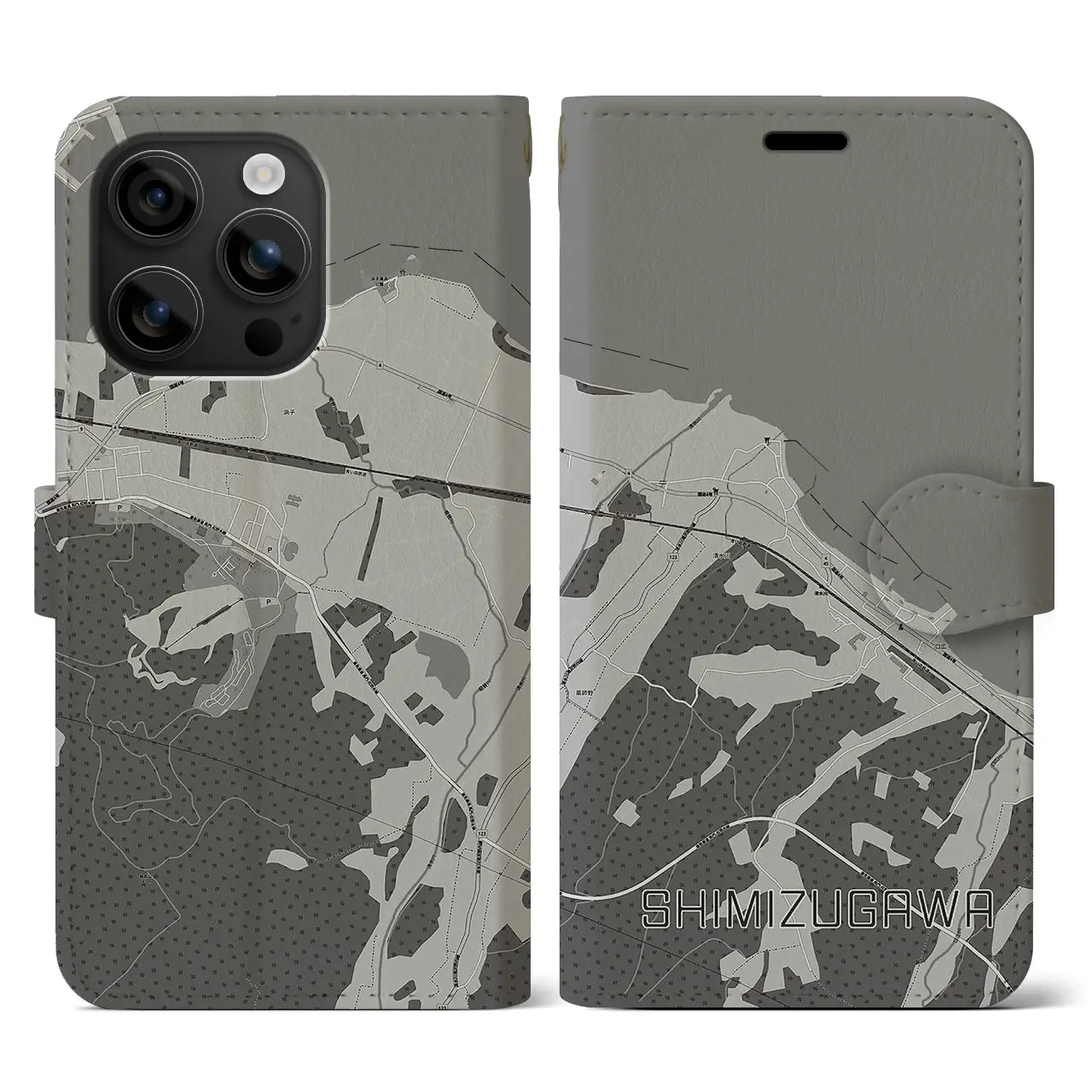 【清水川(青森県)】地図柄iPhoneケース(手帳タイプ)モノトーン・iPhone 16 用