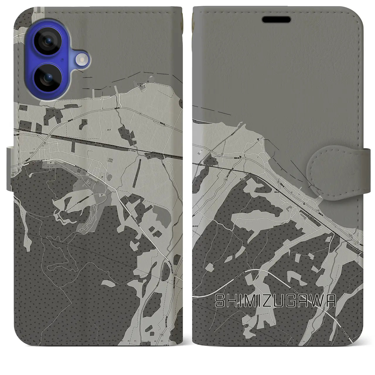 【清水川(青森県)】地図柄iPhoneケース(手帳タイプ)モノトーン・iPhone 16 Pro Max 用