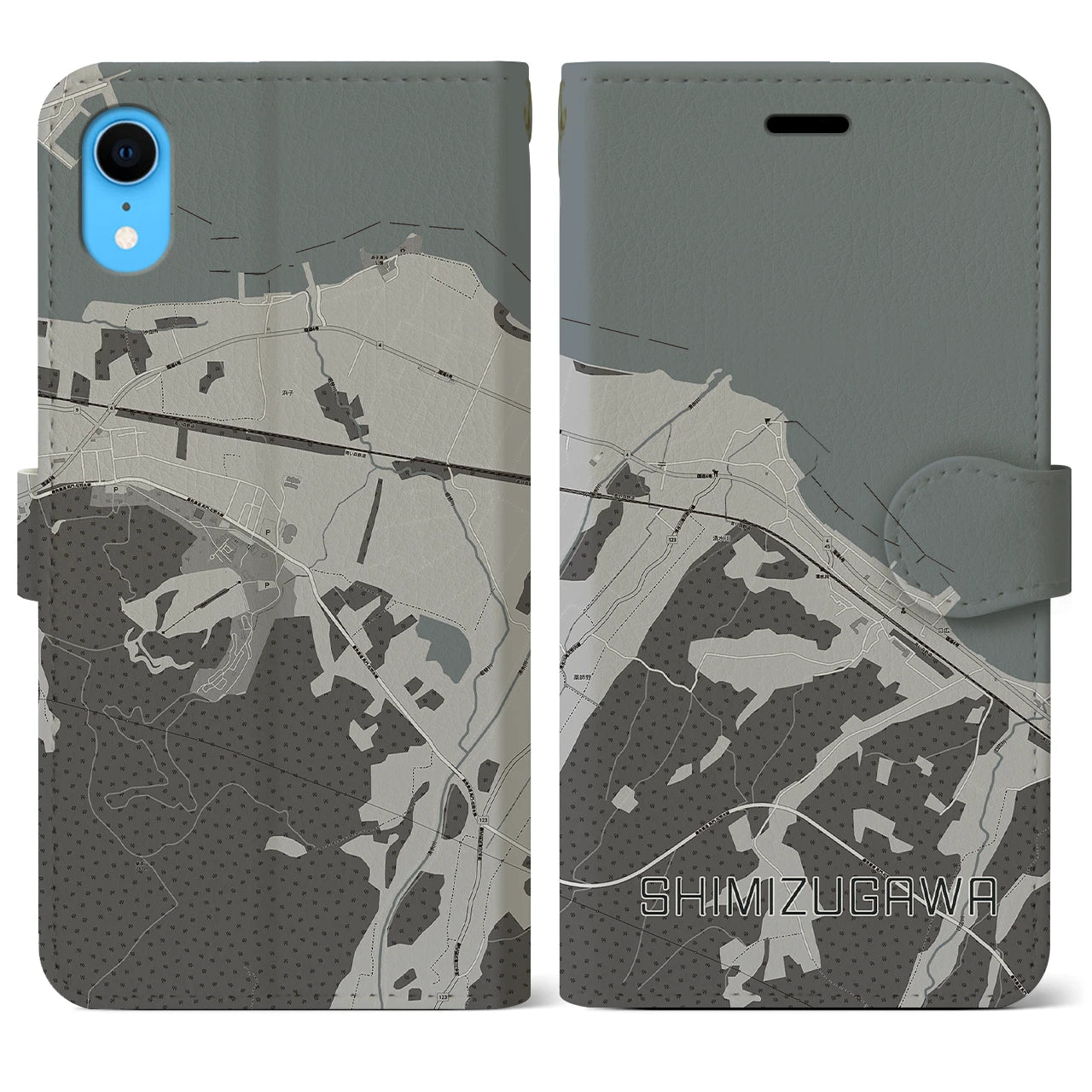 【清水川(青森県)】地図柄iPhoneケース(手帳タイプ)モノトーン・iPhone XR 用