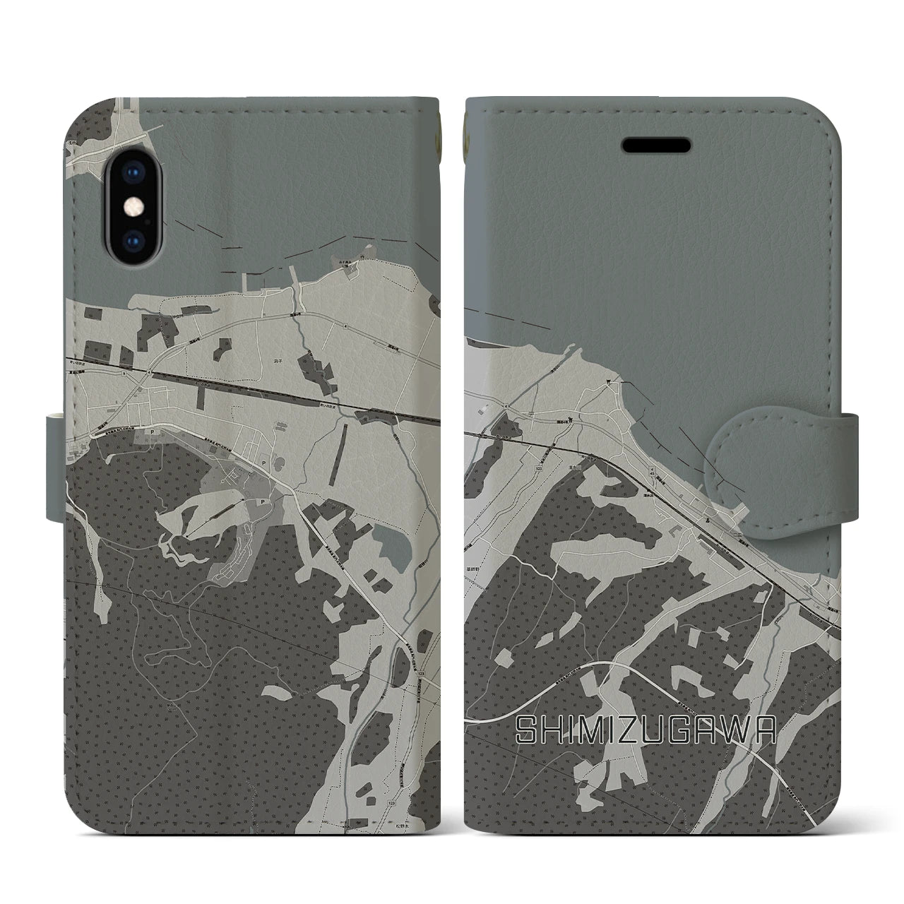 【清水川(青森県)】地図柄iPhoneケース(手帳タイプ)モノトーン・iPhone XS / X 用