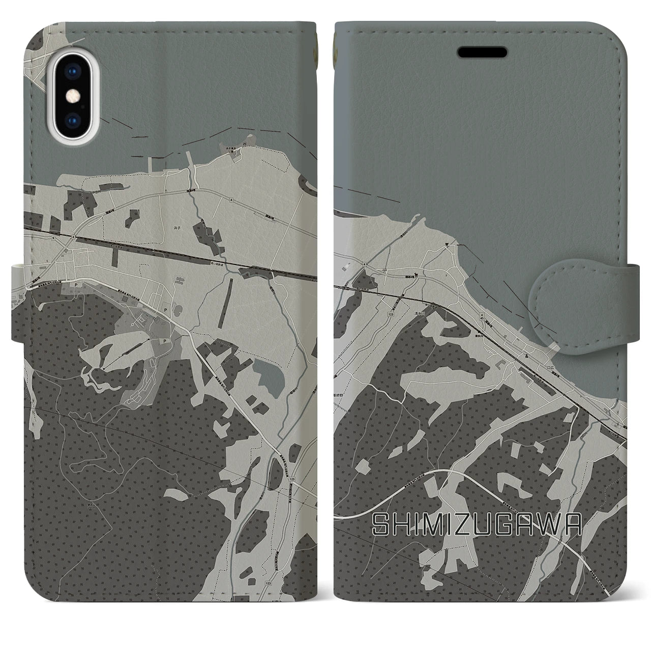 【清水川(青森県)】地図柄iPhoneケース(手帳タイプ)モノトーン・iPhone XS Max 用