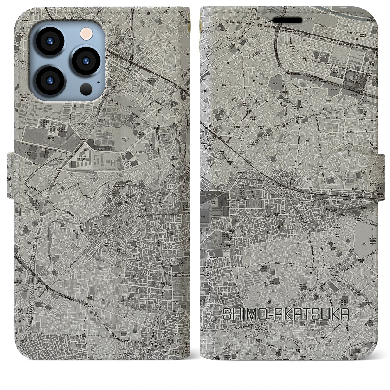【下赤塚(東京都)】地図柄iPhoneケース(手帳タイプ)モノトーン・iPhone 13 Pro Max 用