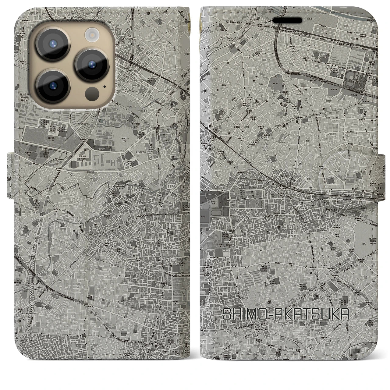 【下赤塚(東京都)】地図柄iPhoneケース(手帳タイプ)モノトーン・iPhone 14 Pro Max 用